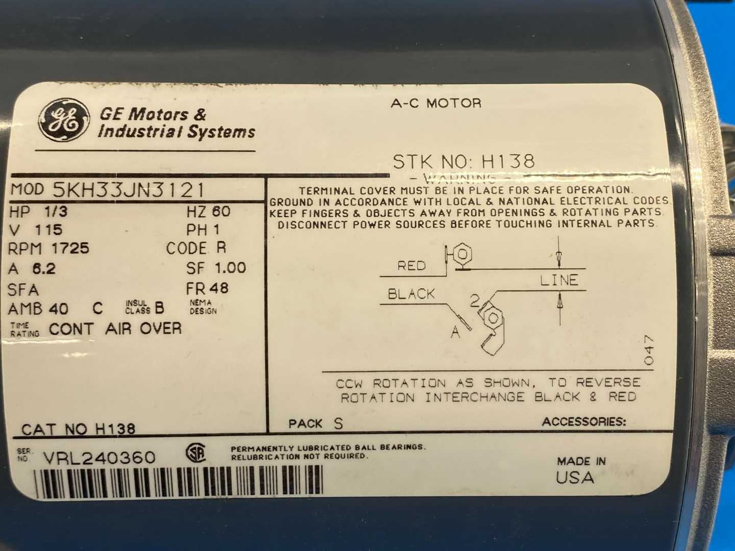 1/3HP 115V 1725 RPM Single-Phase General Electric AC Motor 5KH33JN3121 (H138)