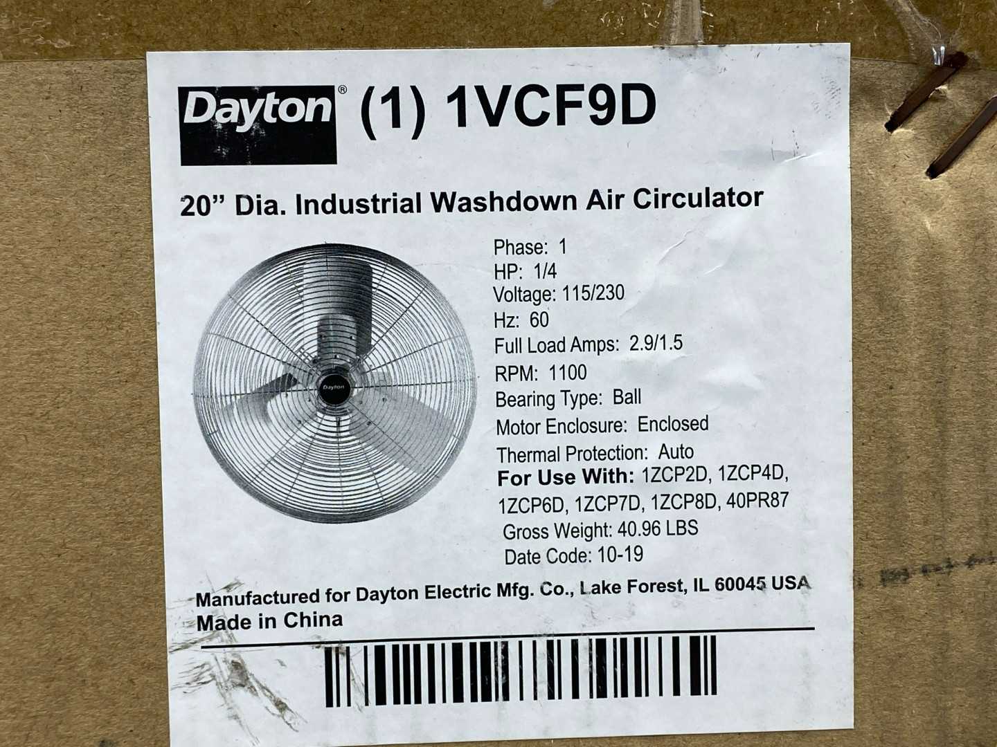 1/4HP Dayton 1VCF9D, 20" Dia, Industrial Washdown Air Circulator, 1 Speed, 1PH, 115/230V