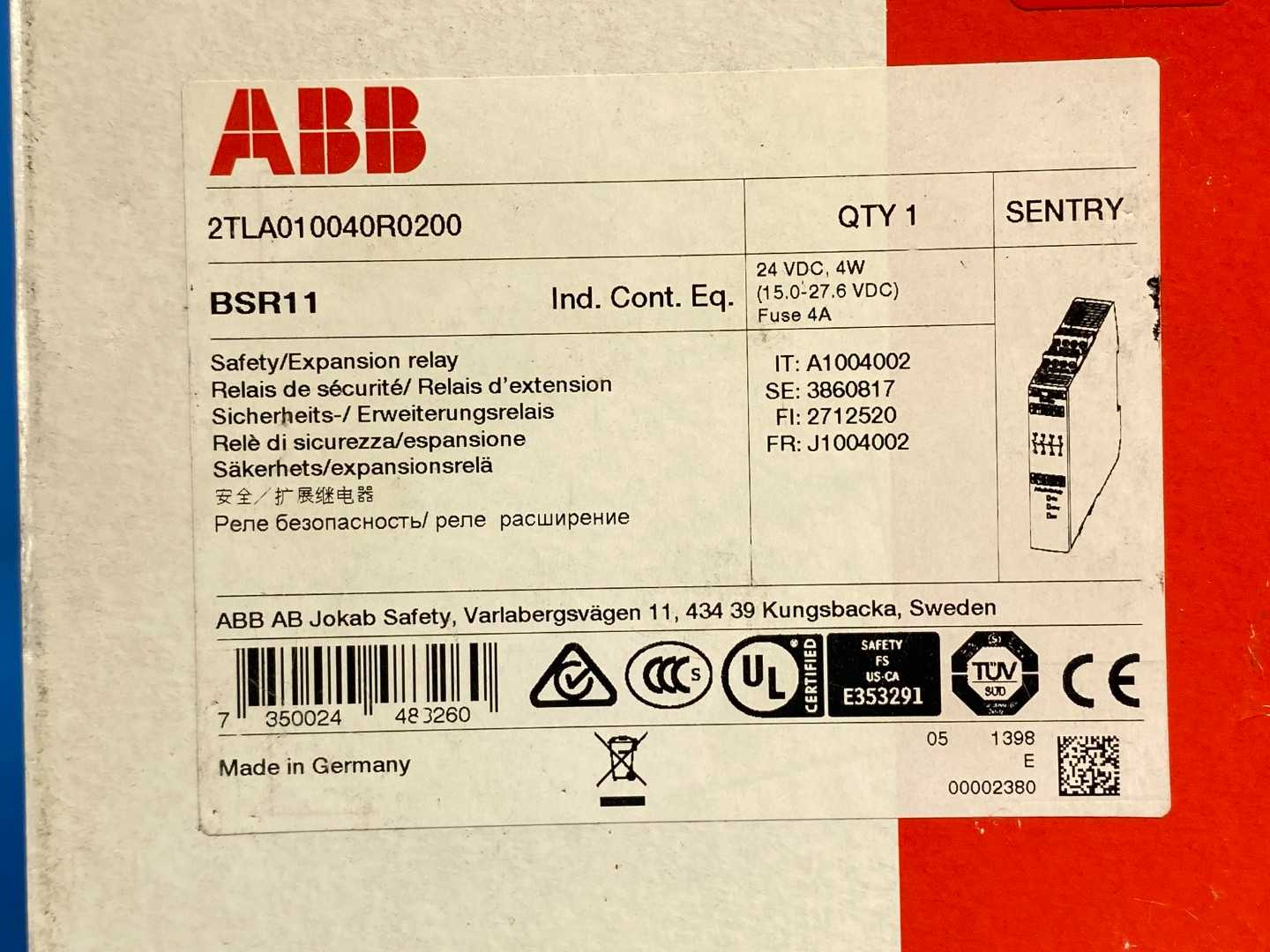 ABB 2TLA01004R0200 BSR11 Sentry Safety/Expansion Relay