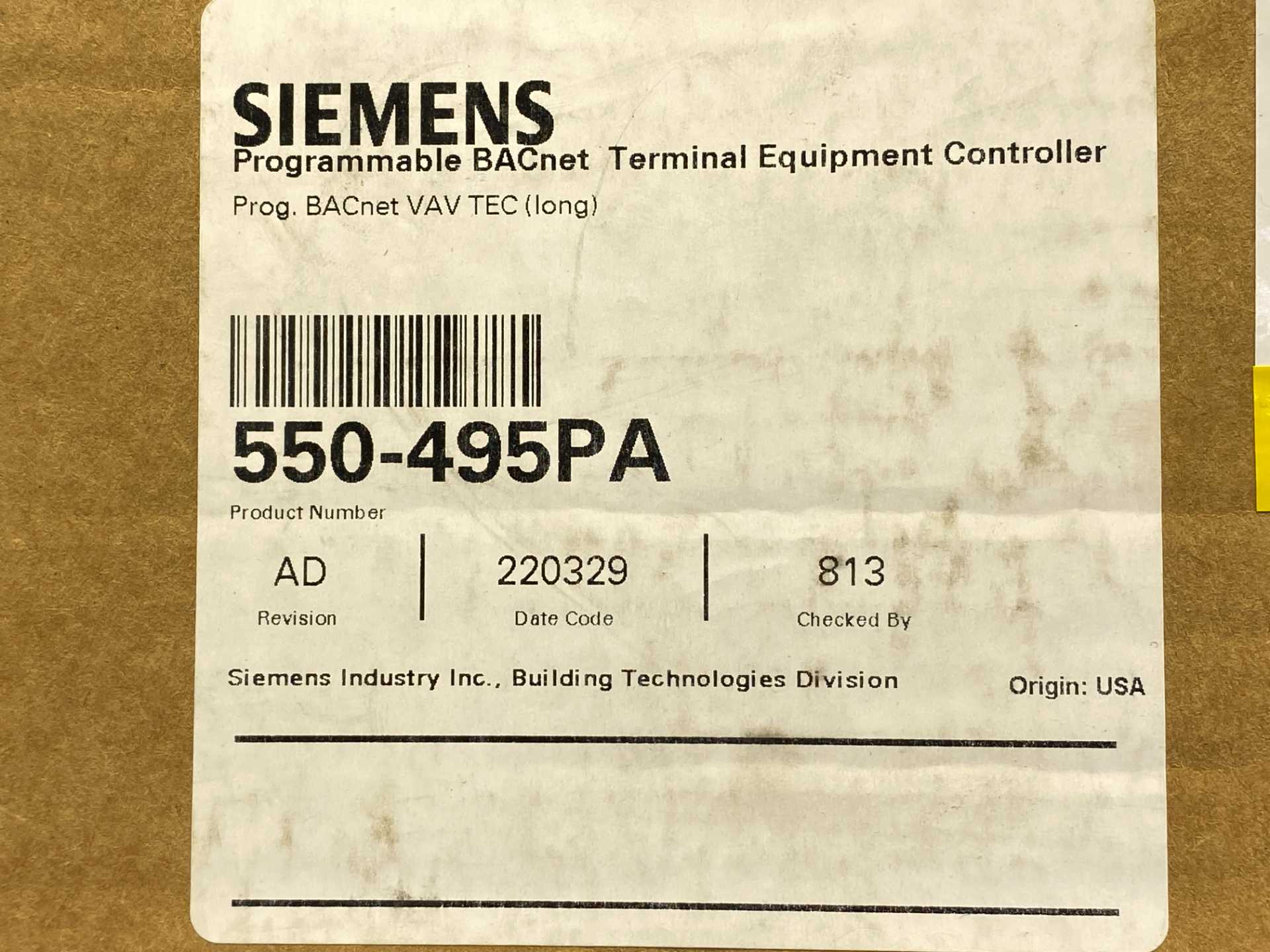 Siemens BACnet Programmable VAV Controller 550-495PA
