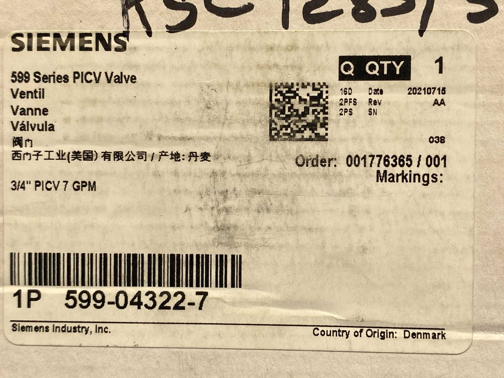 Siemens 599-04322-7, 3/4" PICV Pressure Independent Control Valve, 7 GPM