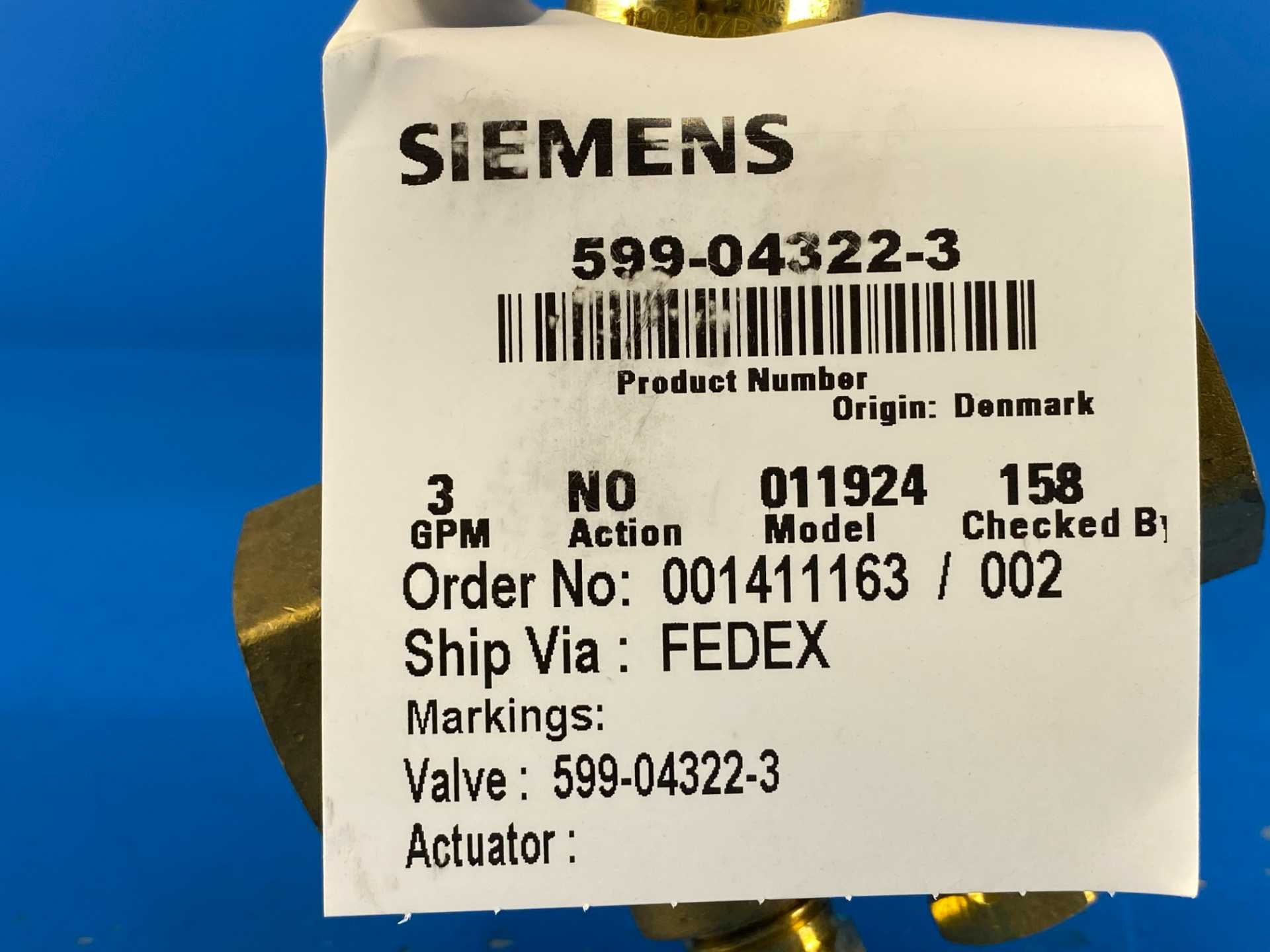 Siemens 599-04322-3, 3/4" Pressure Independent Control 2-way Valve (PICV) 3-GPM NO