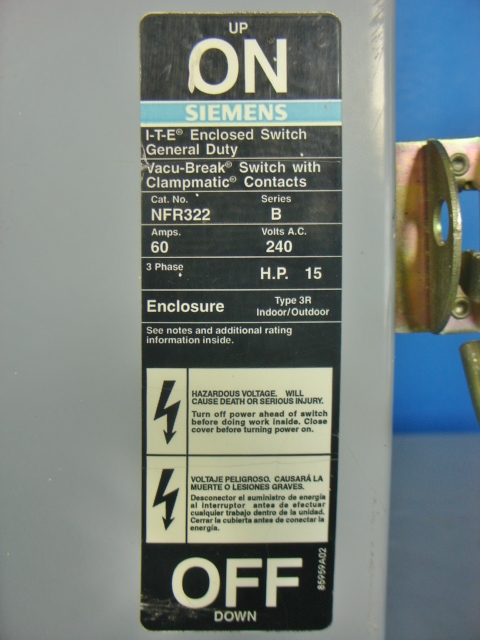 60 AMP 240V SAFETY Switch Siemens NEMA 3 15HP