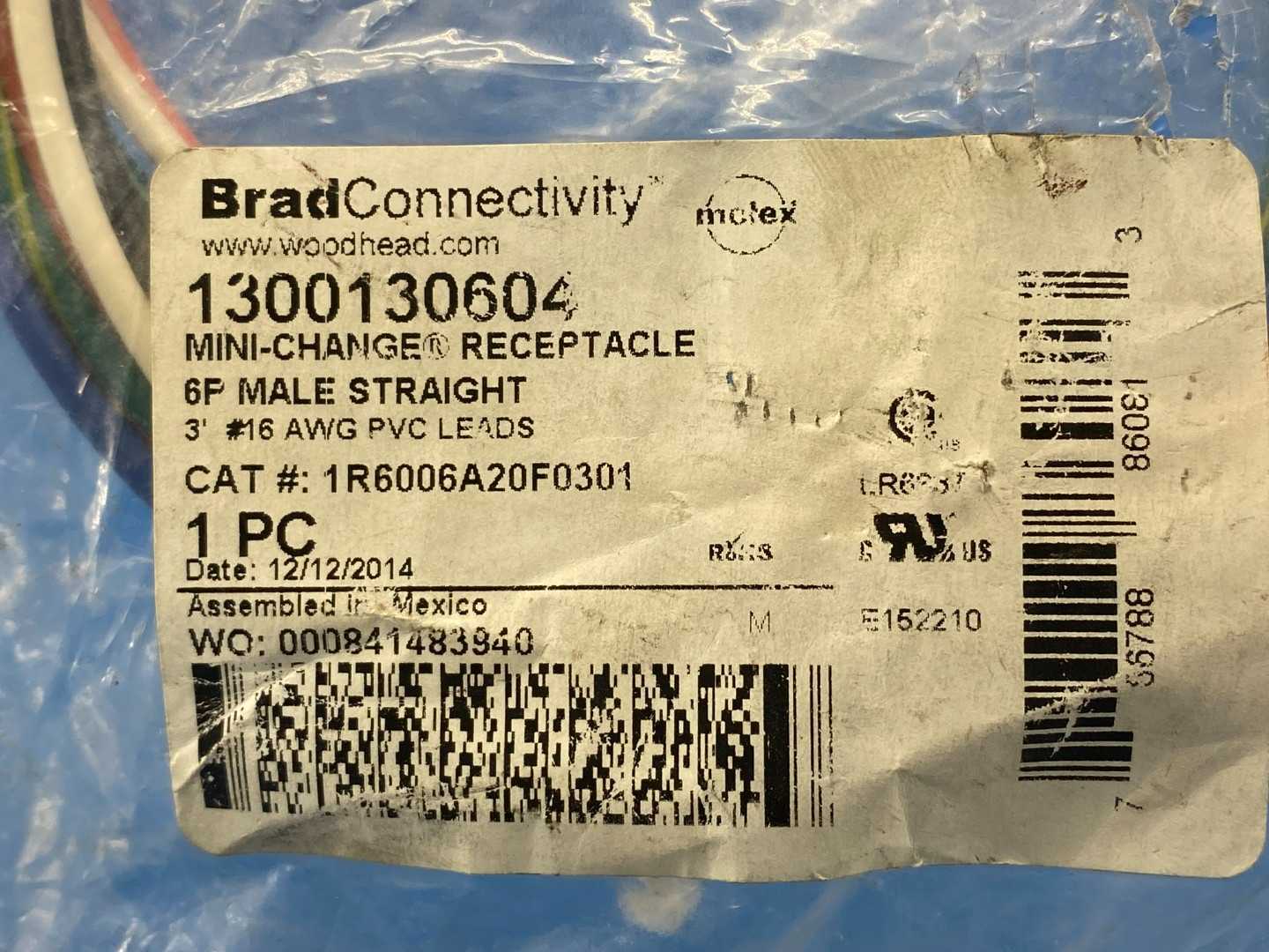 Woodhead 1R6006A20F0301 6P 3Ft Mini-Change Receptacle Male Straight 16AWG