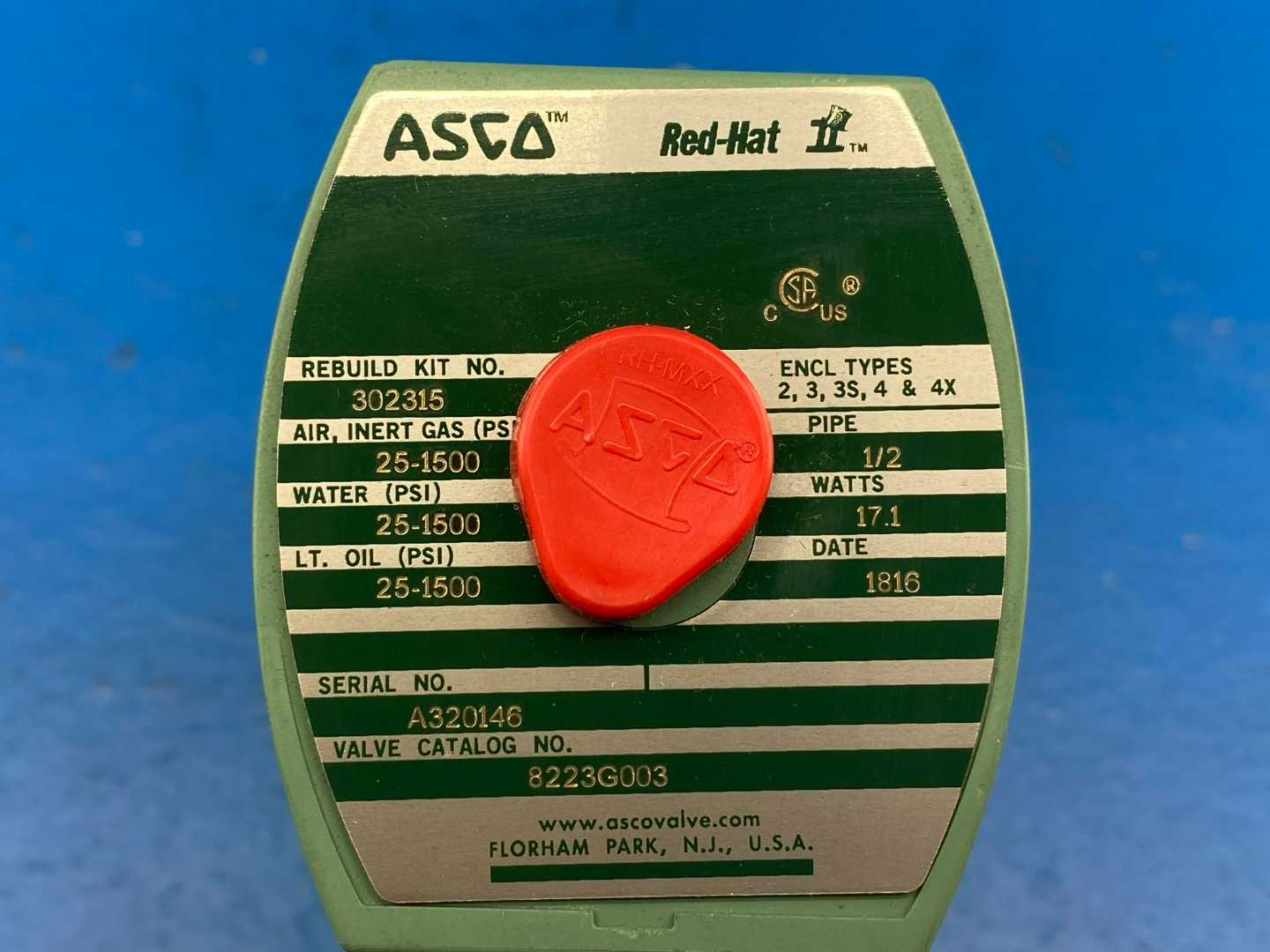 ASCO Red-Hat 8223G003 1/2" Pipe 12V 1500PSI 2-Way Solenoid Valve