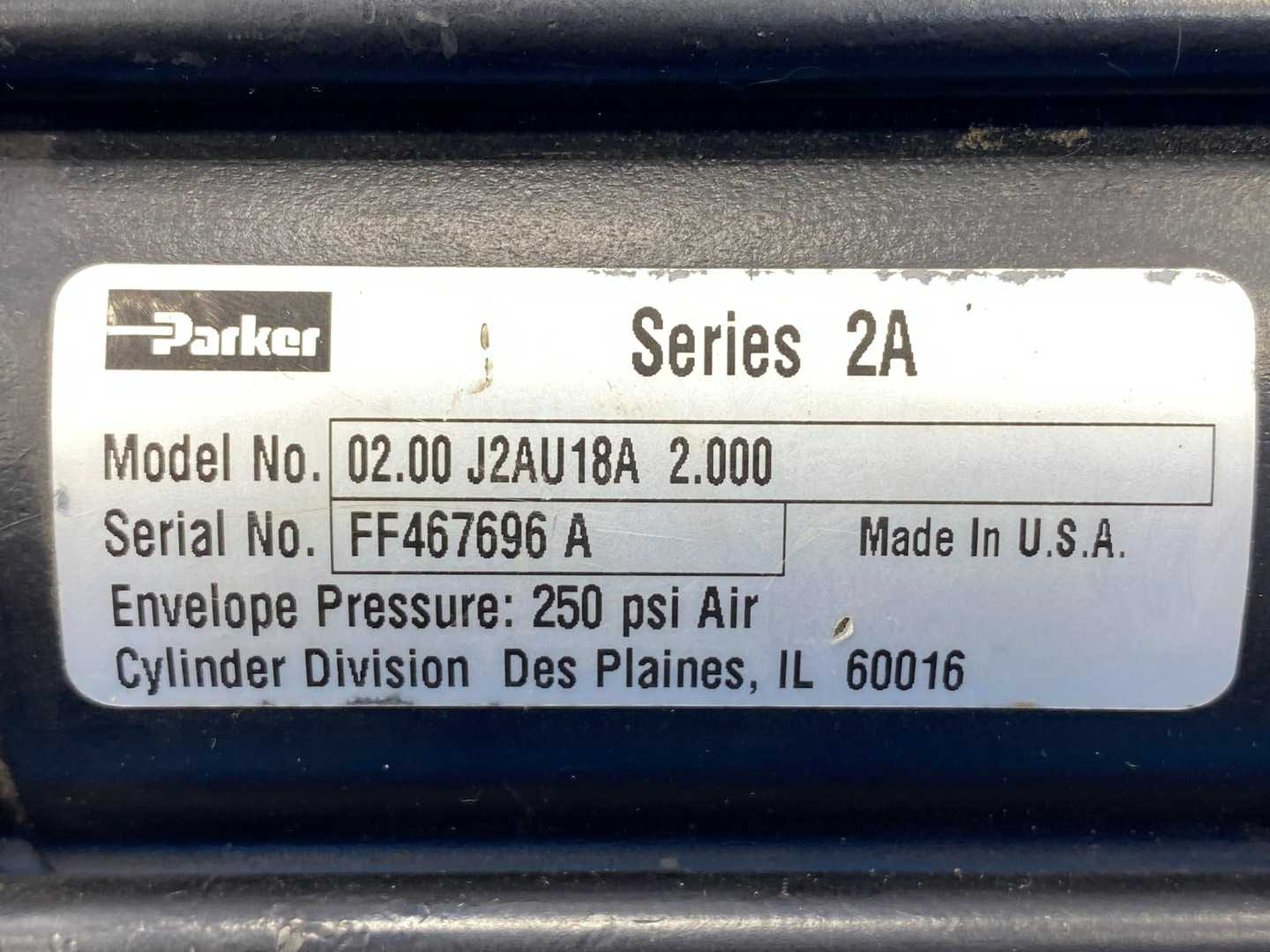 Parker 02.00 J2AU18A 2.000 Pneumatic Cylinder 2" Bore 2" Stroke 250OPSI Air