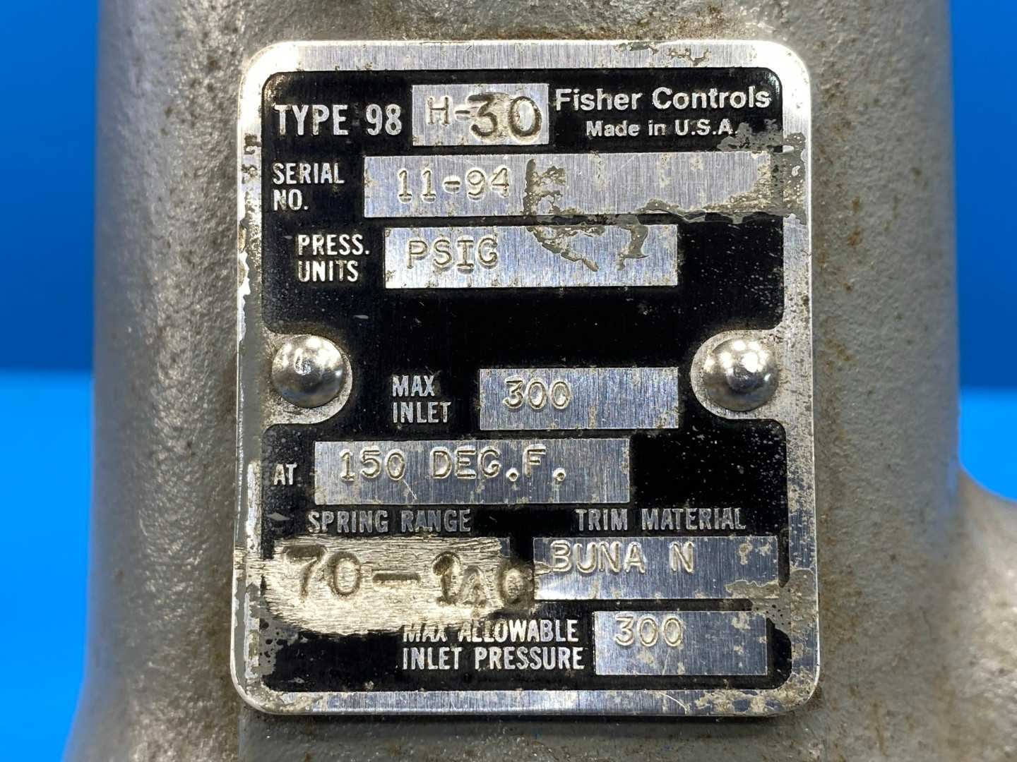 Fisher Controls Type 98 H-30 Spring Loaded Pressure Regulator 300PSIG BUNA N Spring Range 70-140