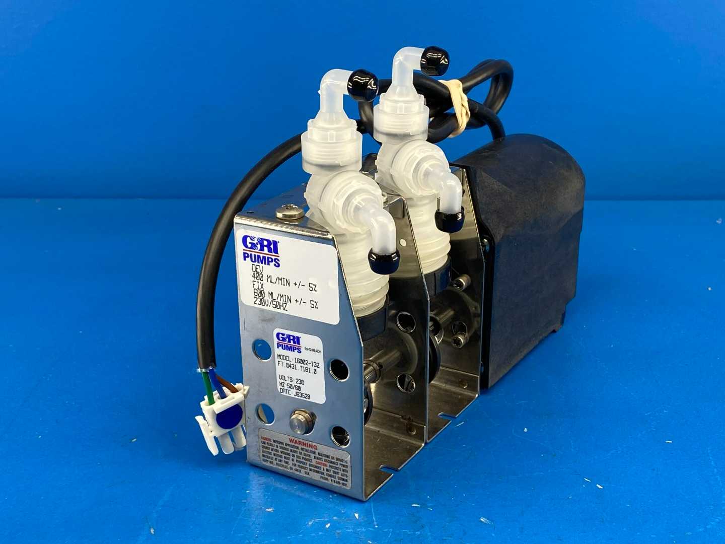 GRI 16002-132 Dual Compact Bellows Pump and Motor unit. Motor is 90 RPM, 230 Volts AC. open, shaded pole.