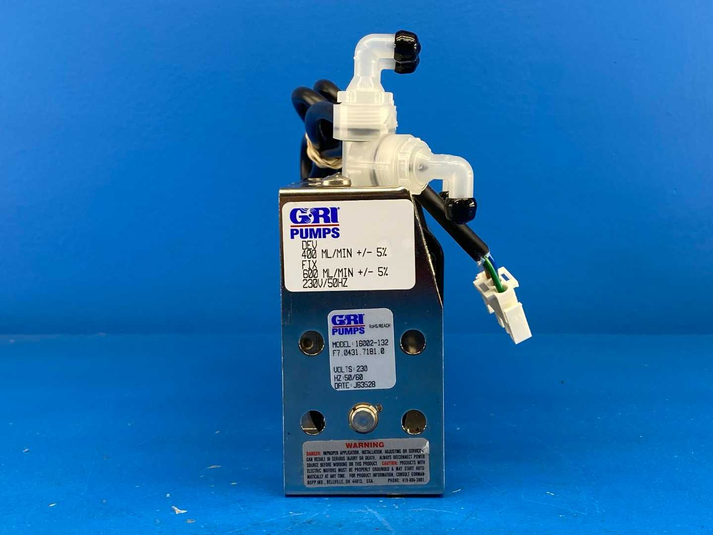 GRI 16002-132 Dual Compact Bellows Pump and Motor unit. Motor is 90 RPM, 230 Volts AC. open, shaded pole.