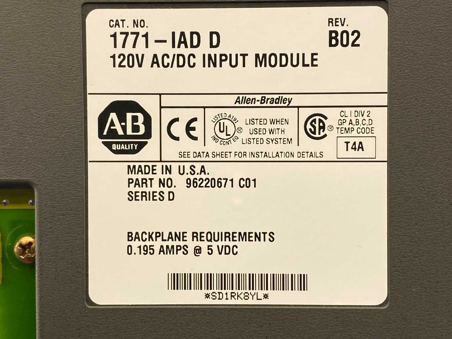 Allen-Bradley 1771-IAD D 120V AC/DC Input Module T4A REV:B02