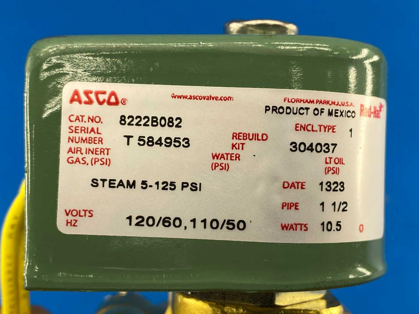 ASCO Redhat 8222B082 Solenoid Valve 10.5Watts 1-1/2" Pipe Size 110/120V 5-125 Steam PSI