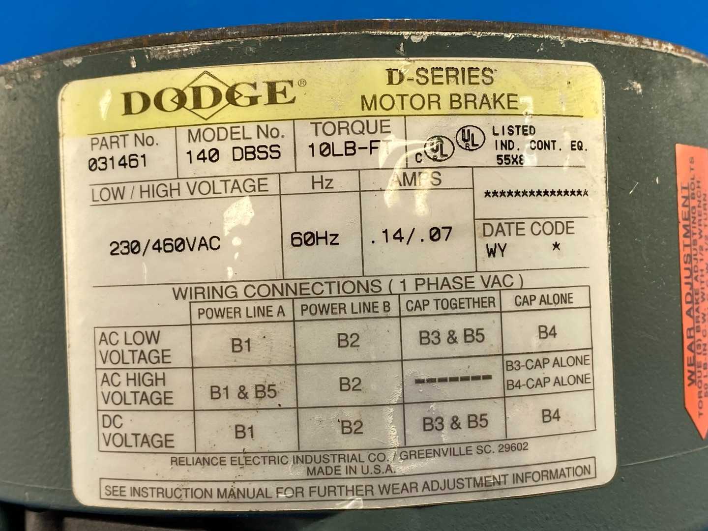 Dodge 031461, Model 140 DBSS, Motor Brake