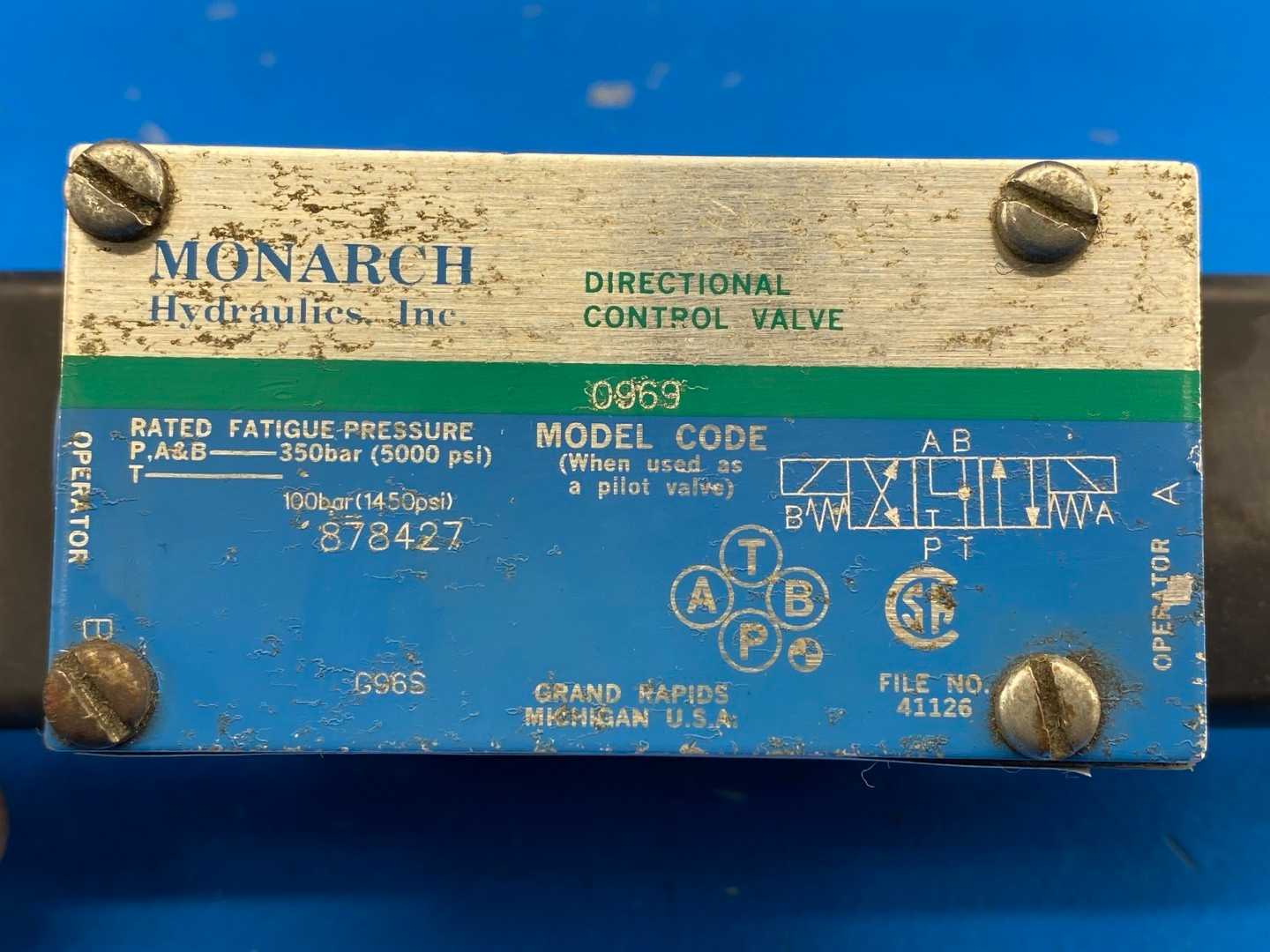 Monarch Hydraulics Inc. Model Code 0969, Directional Control Valve 5000PSI