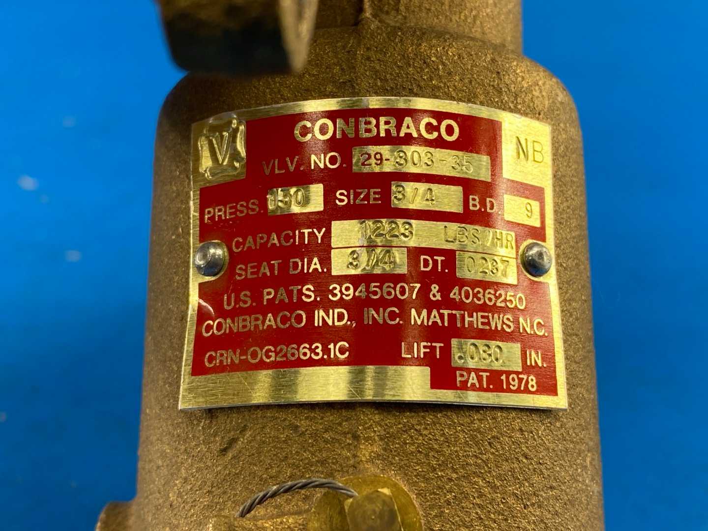 Conbraco 29-303-35, 3/4" Size x 3/4" Seat Dia. Safety Relief Valve 150PSI Capacity 1223 LBS/HR