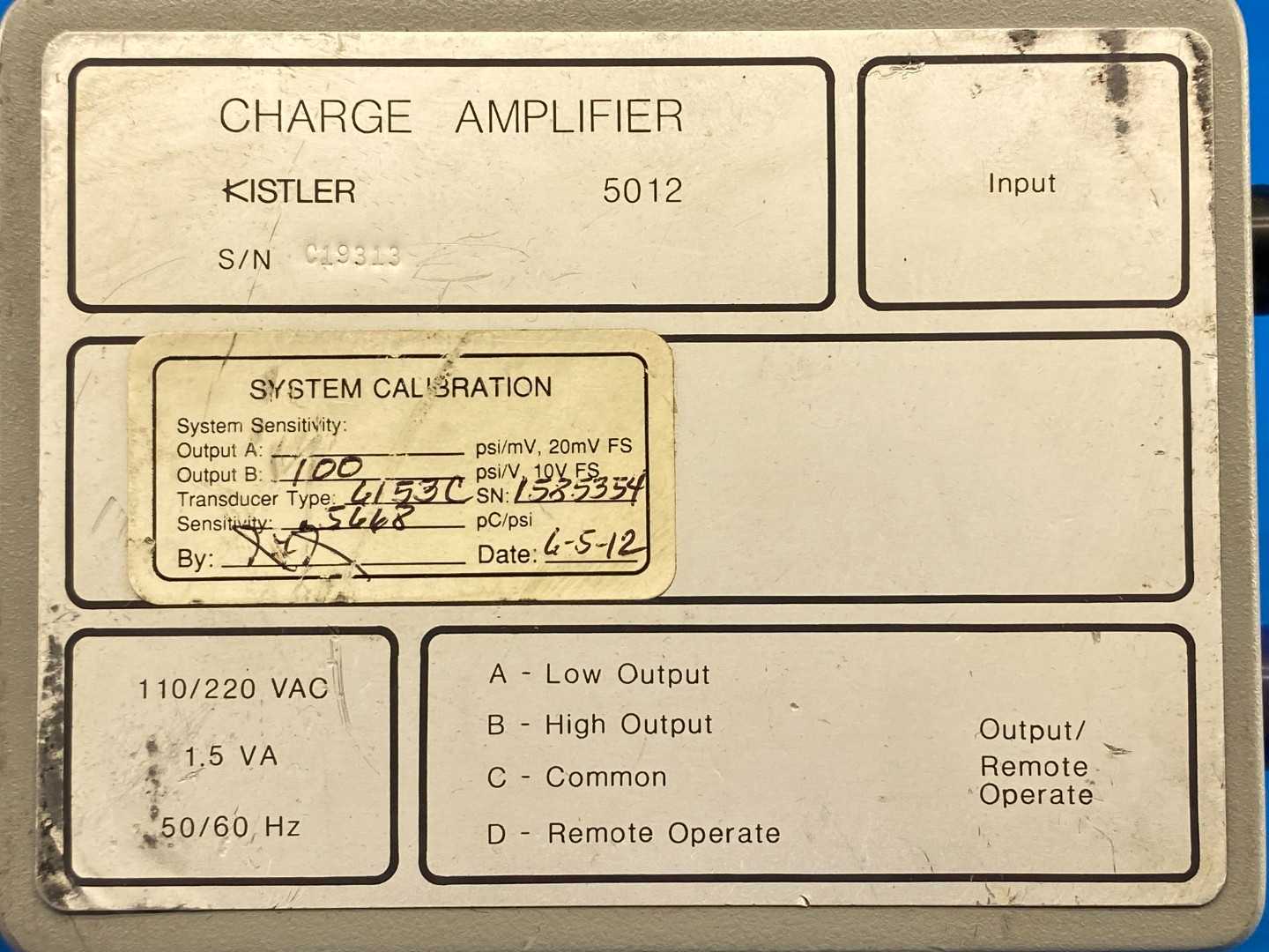 Kistler 5012 Charge Amplifier, 110/220VAC, 6/5/12 System Calibrated