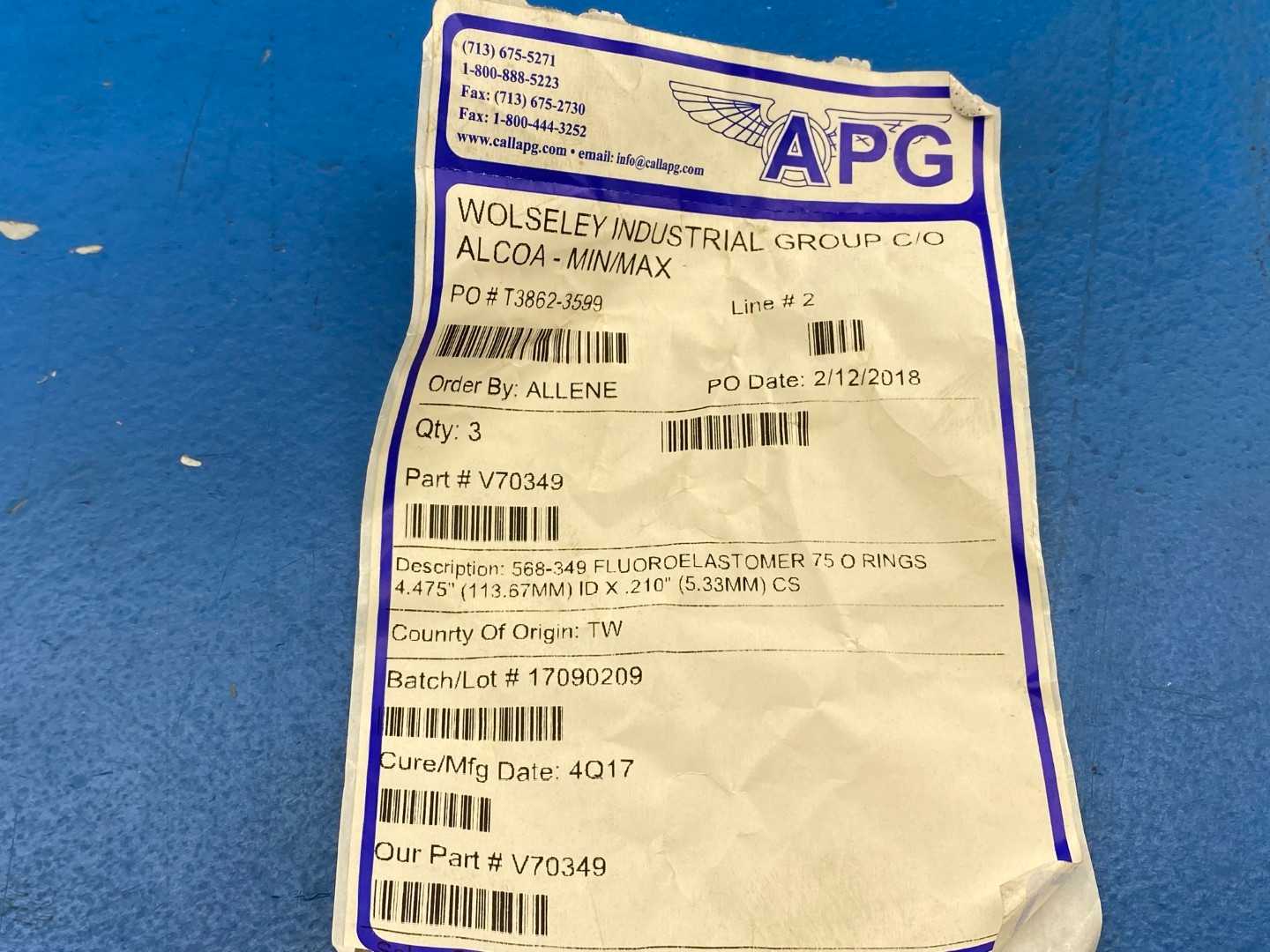 APG 568-349 Fluoroelastomer 75 Durometer O Ring, 4.475" ID x .210"