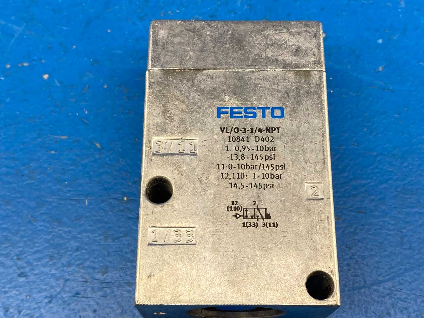 Festo VL/O-3-1/4-NPT (10841), Pneumatic Valve, 3/2 Way, Normally Closed, Valve Size 1/4" 14-145PSI (0.95-10 Bar)