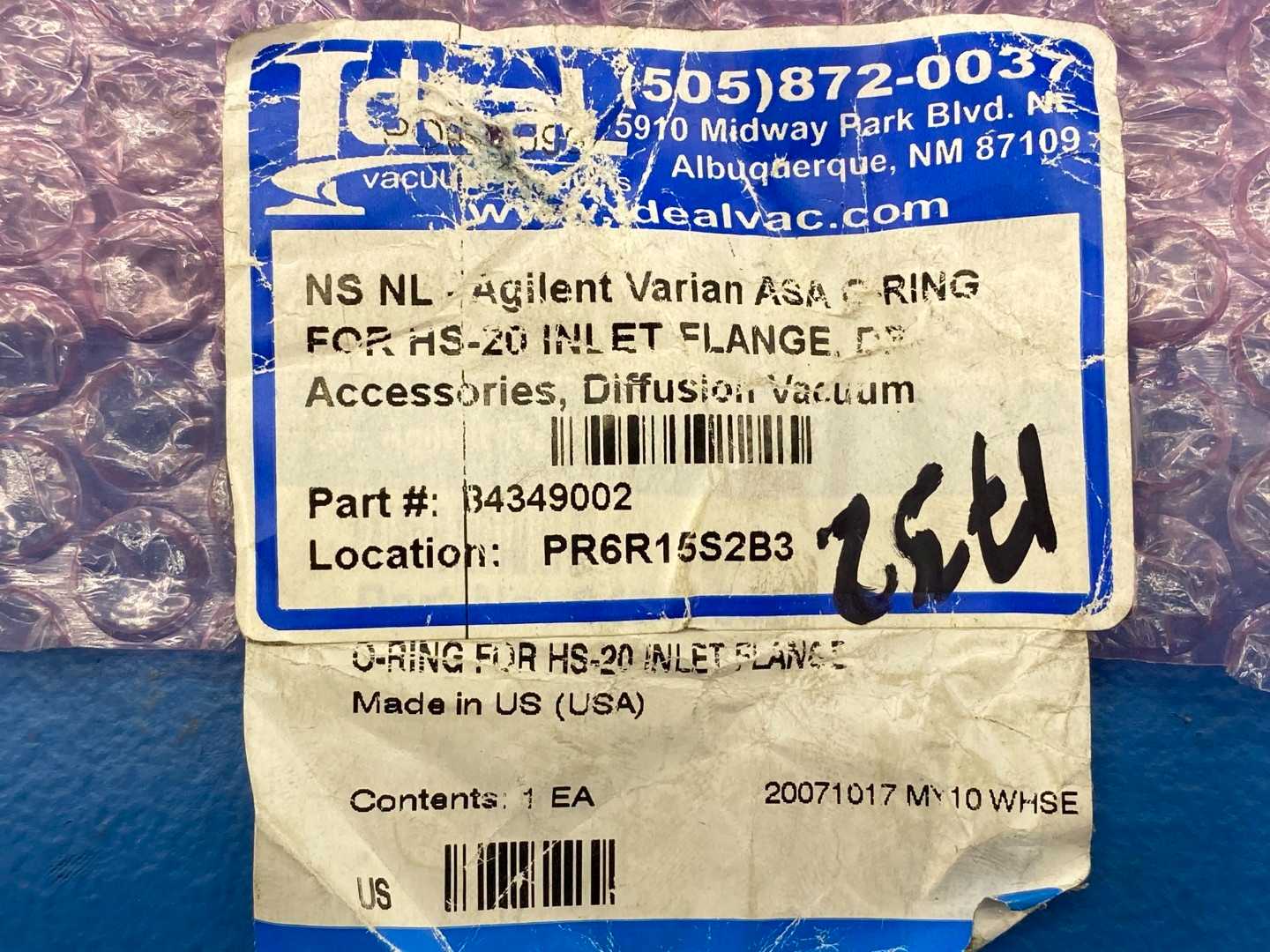 Agilent Technologies 84349002 Inlet O-Ring 21.64" x 0.375" , for HS-20 diffusion pump, 20 in ASA, Butyl