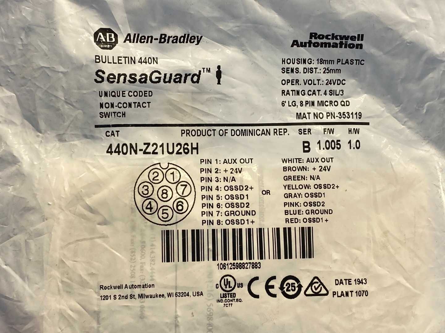 Allen-Bradley 440N-Z21U26H SensaGuard Safety Switch, 25mm, 24VDC, 8-Pin Micro QD
