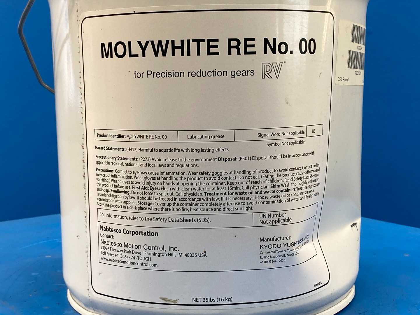 Kyodo Yushi Molywhite RE no 00 Lubricating Grease 38Lbs (16kg) Pail for Precision Reduction Gears