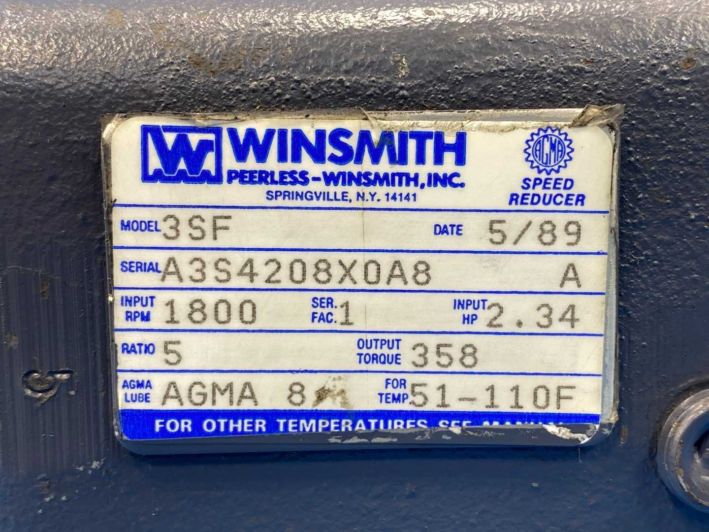 Winsmith 3SF Speed Reducer, 1822 Input RPM / AGMA 8 / 51-110F / Ratio 5:1, 2.34 Input HP
