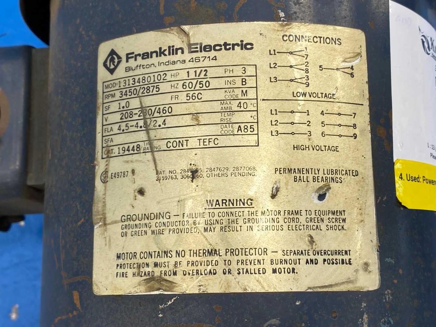 1-1/2 HP 208-308/460V 3PH Franklin Electric Model1313480102 Cat No 19448 Motor, FR56C, CONT TEFC, 3450/2875 RPM
