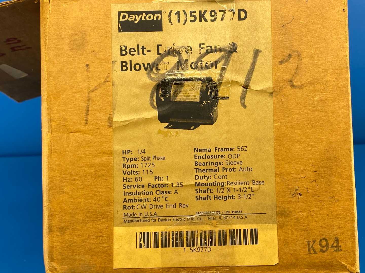 1/4HP 115V 1PH Dayton 5K977D, 1725 RPM 56ZFR, Split-Phase Belt Drive Fan & Blower Motor