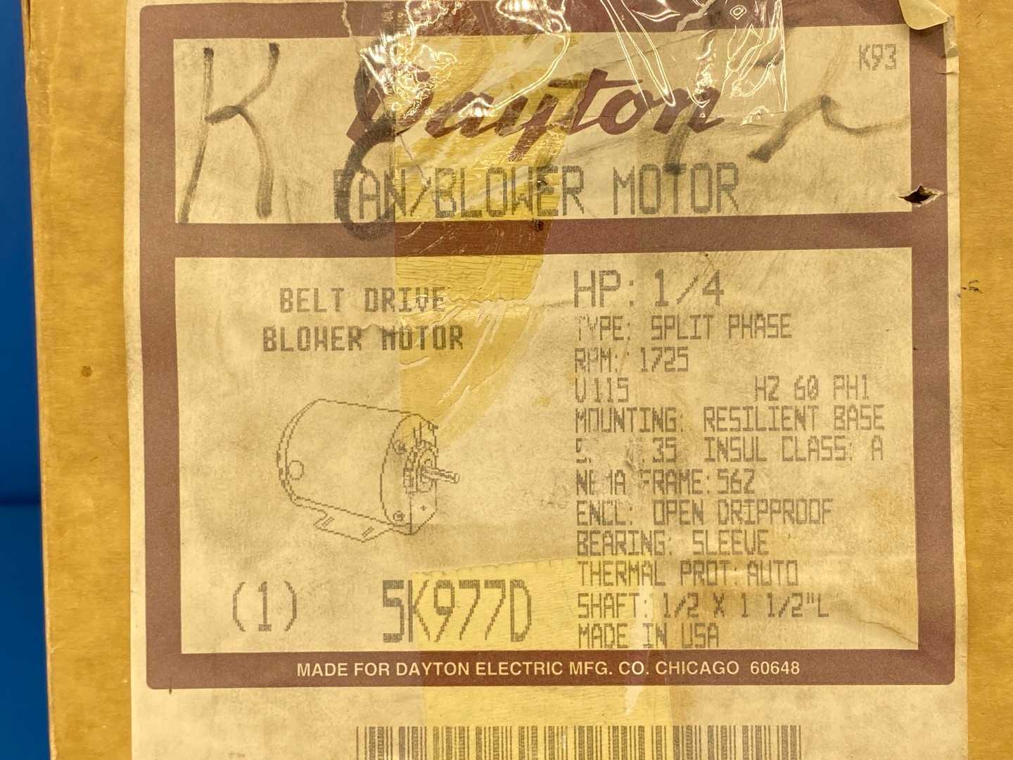 1/4HP 115V 1PH Dayton 5K977D, 1725 RPM 56ZFR, SPlit-Phase Fan & Belt Drive Blower Motor