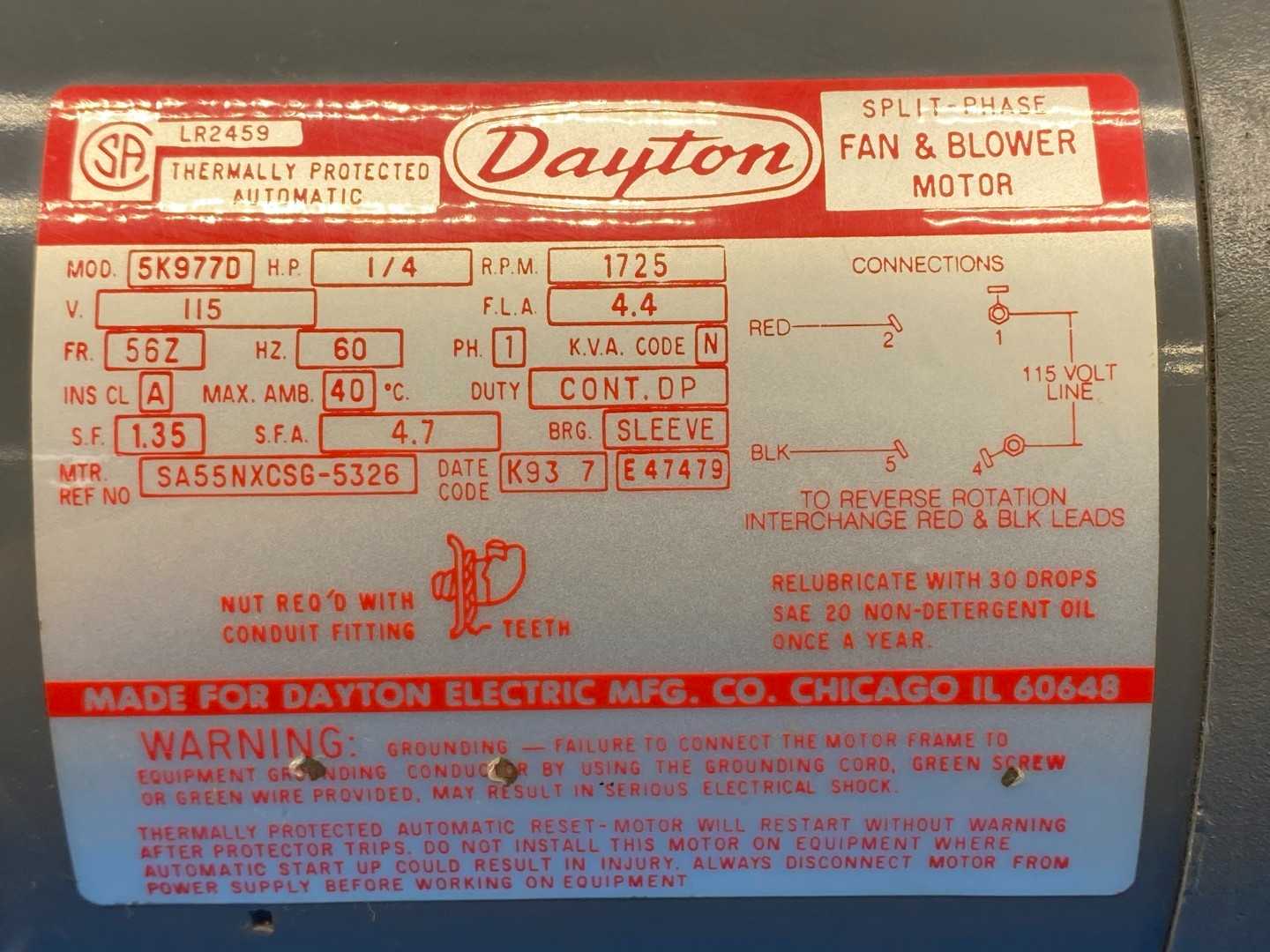 1/4HP 115V 1PH Dayton 5K977D, 1725 RPM 56ZFR, SPlit-Phase Fan & Belt Drive Blower Motor