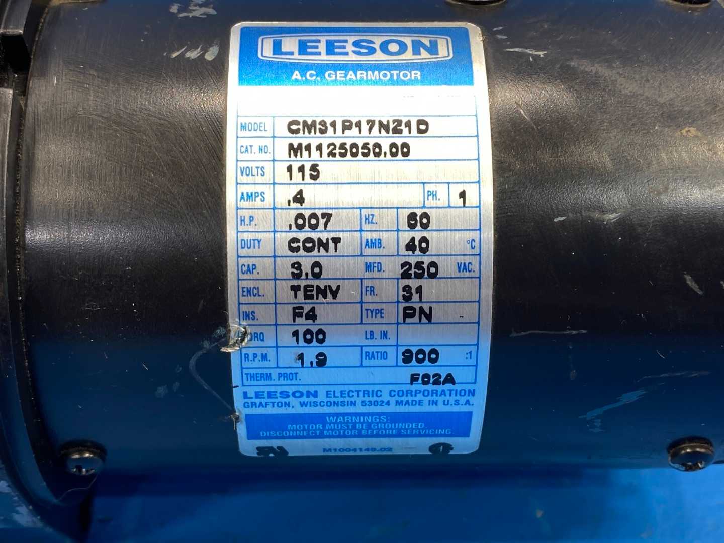 0.007HP, Leeson CM31P17NZ1D (Cat No. M1125050.00) A.C. Parallel Shaft Gearmotor
