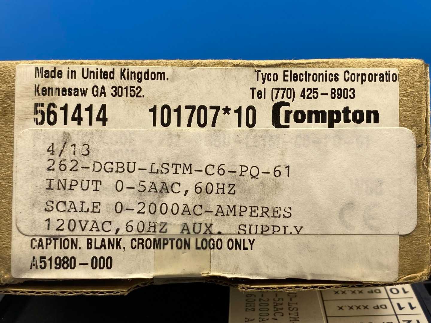 Crompton 262-DGBU-LSTM-C6-PQ-61 Digital Panel Meter 0–5A Input 0–2000A Scale 120V 60Hz