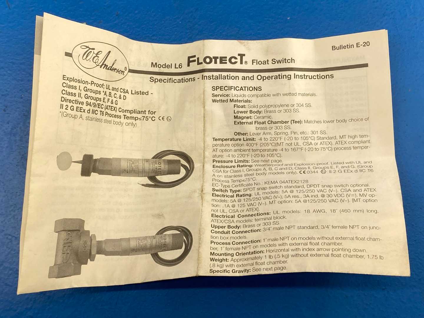 Dwyer Flotect L6 Series, Float Switch L6EPB-B-S-3-A, Brass, 200PSI