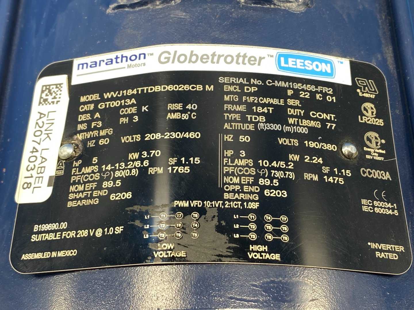  5HP/208-230,460V/1765RPM/3PH Leeson Marathon Globetrotter GT0013A Motor 