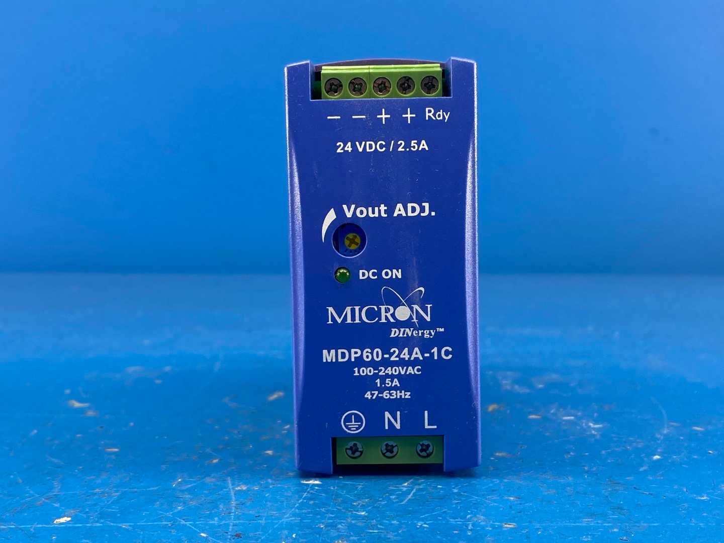 Micron MDP60-24A-1C Power Supply Input:100-240 VAC 1500mA 47-63Hz Output: 24 VDC 60W DIN RAIL Mount 