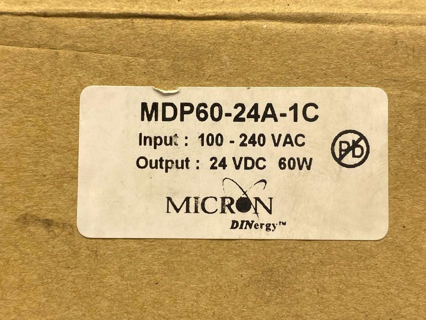 Micron MDP60-24A-1C Power Supply Input:100-240 VAC 1500mA 47-63Hz Output: 24 VDC 60W DIN RAIL Mount 