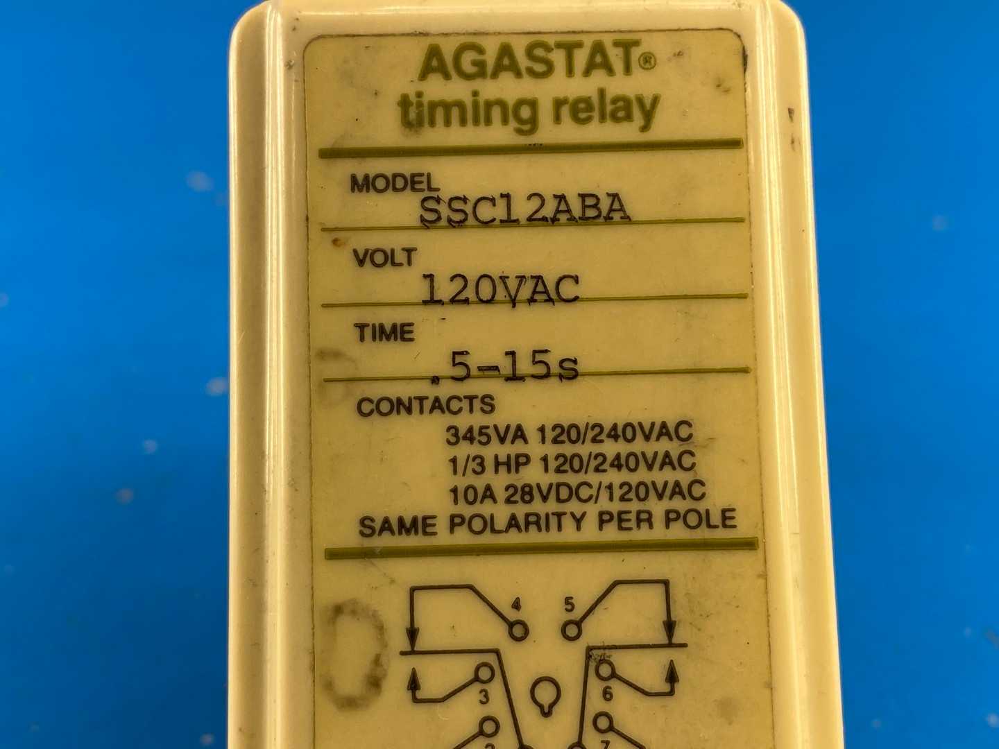 Agastat SSC12ABA 120V AC/DC 10A 0.5-15s On-Delay DPDT Electromechanical Time-Delay Relay