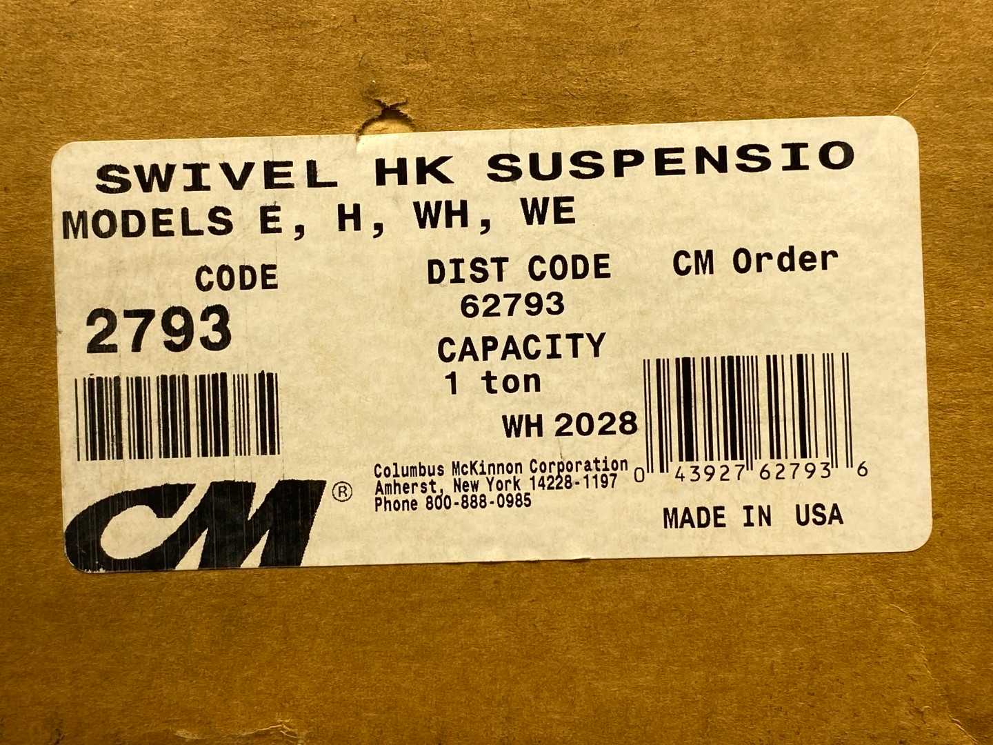 CM 2793 Swivel HK Suspension for Models E, H, WH, WE Swivel Hook 1 Ton Capacity