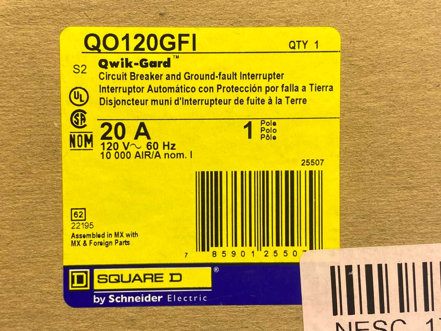 20A 120V Square D QO120GFI (25507)1 Pole Qwik-Gard Circuit Breaker and Ground-Fault Interrupter  10,000 AIR/A nom. I