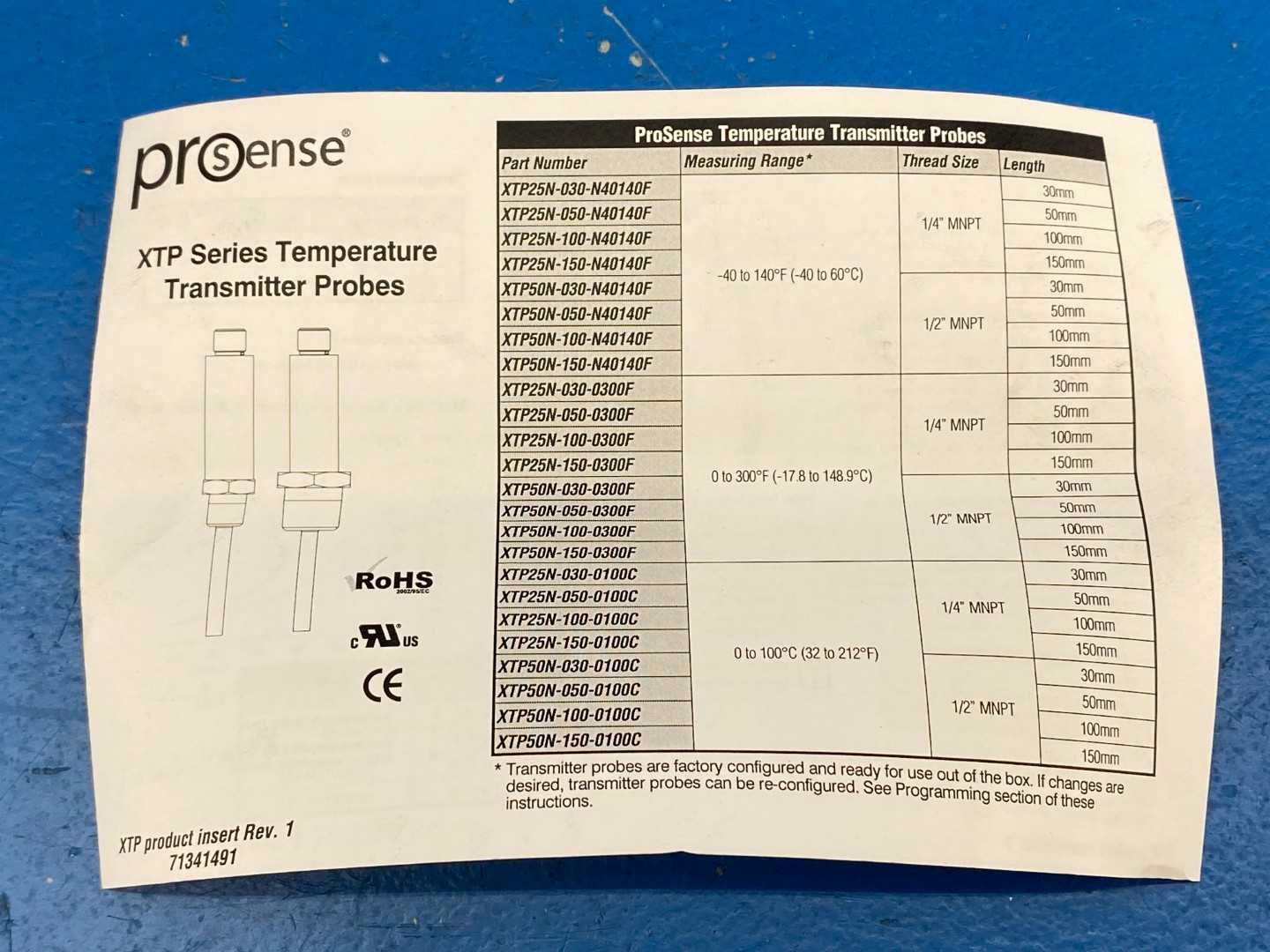 Prosense XTP25N-050-0300F Temperature Transmitter Probe, 4-20mA Output, 10-35V DC