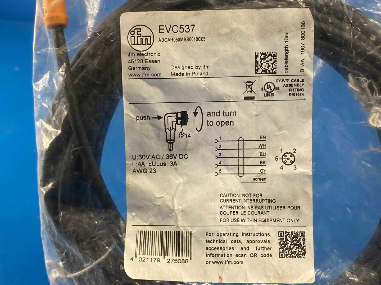 ifm EVC537 – M12, 5-pin, Right-Angle Female Cordset, PUR, 10 m (ADOAH050MSS0010C05)