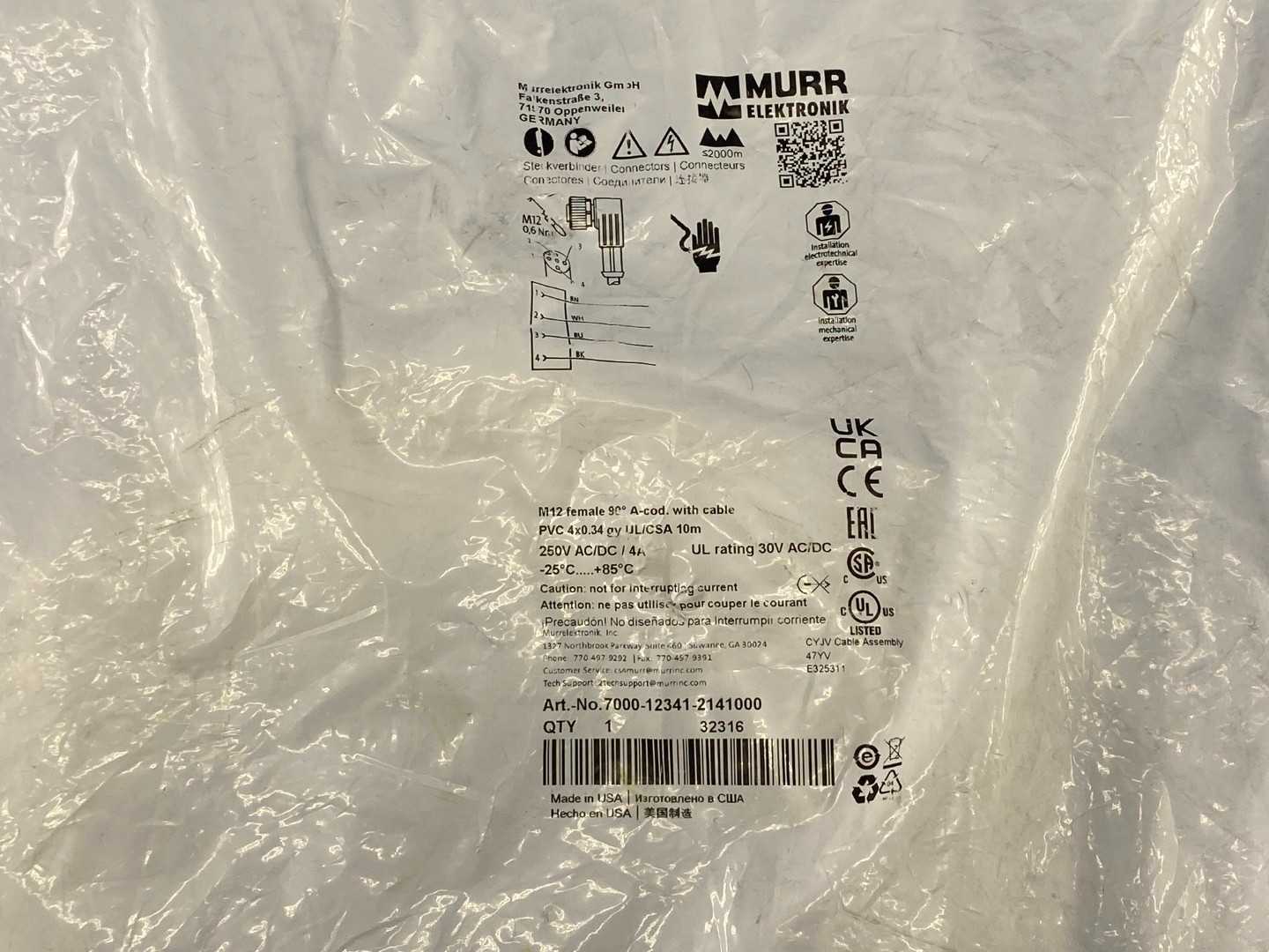 Murr Elektronik 7000-12341-2141000 M12 Female 90° A-Coded Cable Assembly, 4-pole PVC 4x0.34 gy UL/CSA 10m