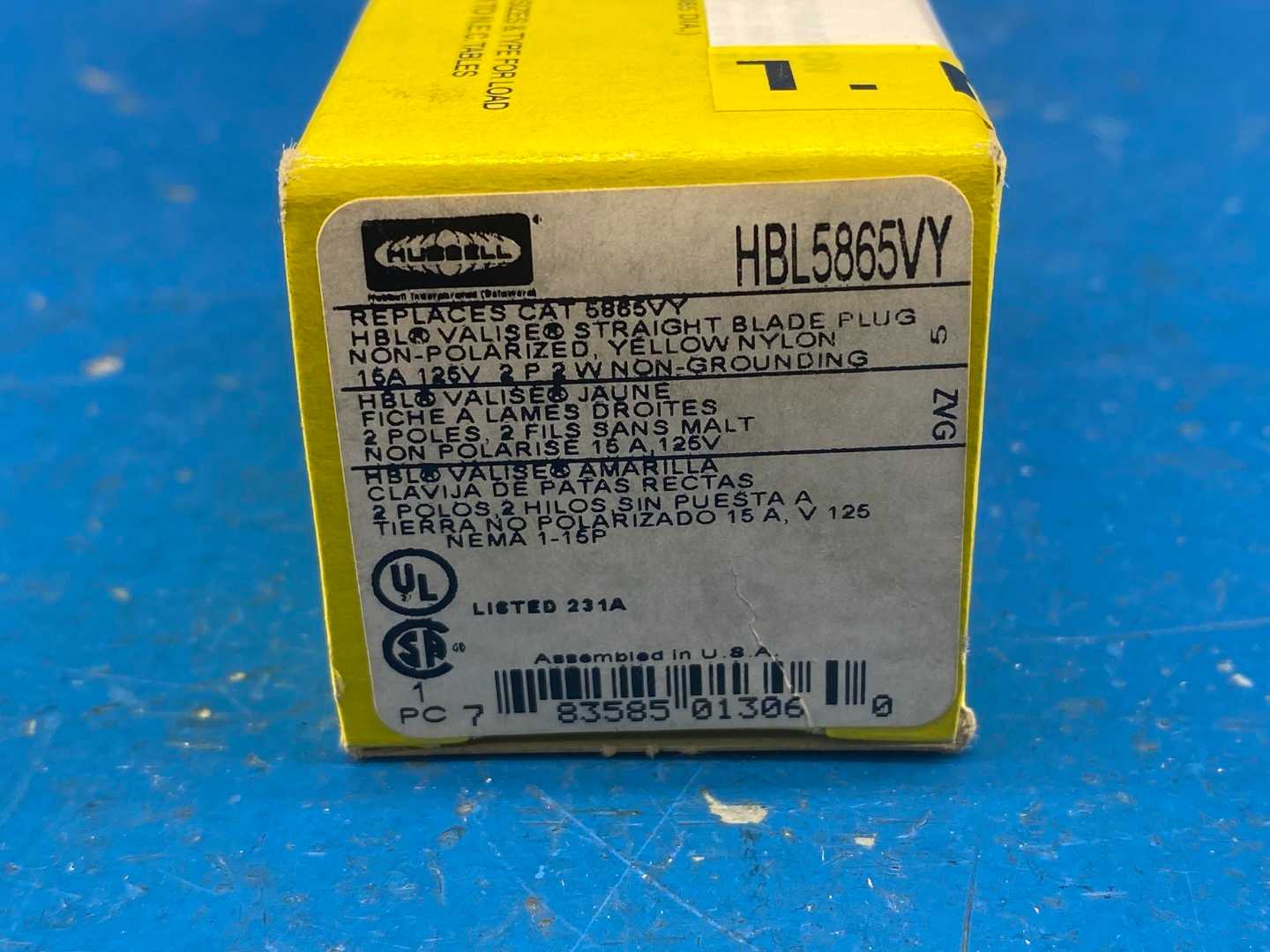Hubbell HBL5865VY Valise Non-Grounding Straight Male Plug 15A 125V Yellow 2 Pole 2 Wire 