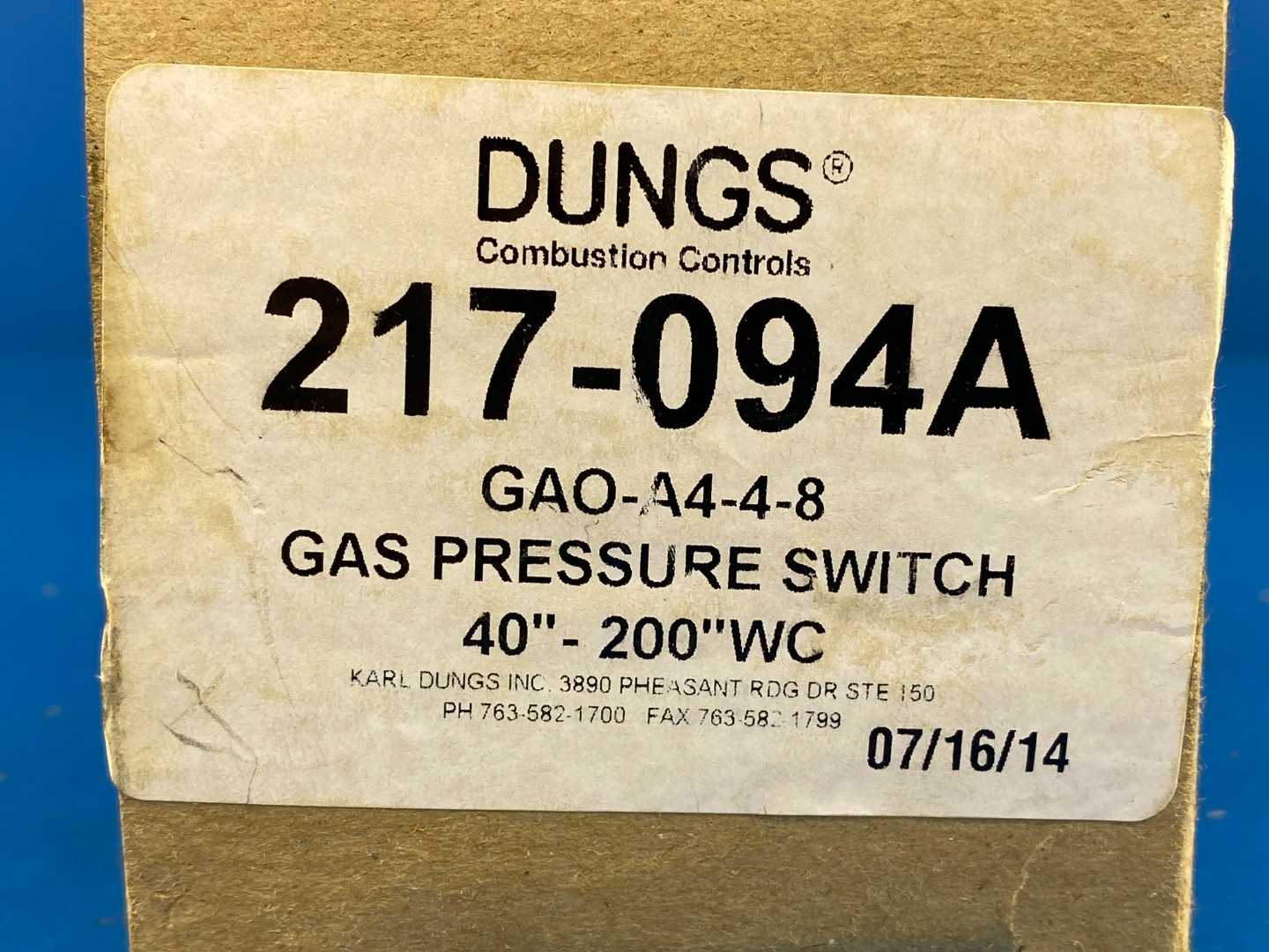 Karl Dungs GAO-A4-4-8 Gas Pressure Switch Automatic Reset 10A 120V 40"-200" in W.C. Range 14 PSI Max Nema 4