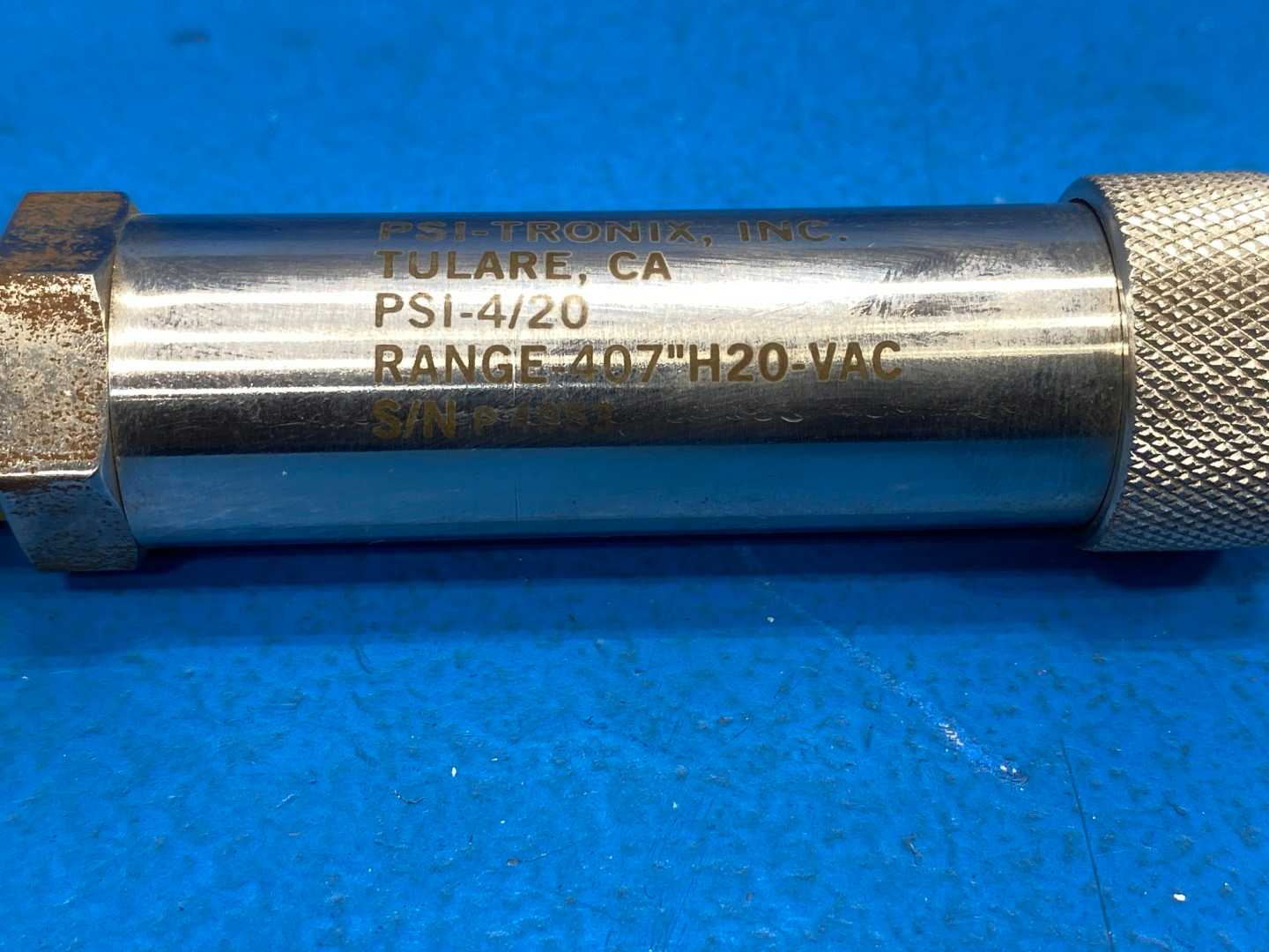 PSI-Tronix PSI-4/20 Vacuum Pressure Transducer 407 inH2O Range 4-20mA Stainless Steel