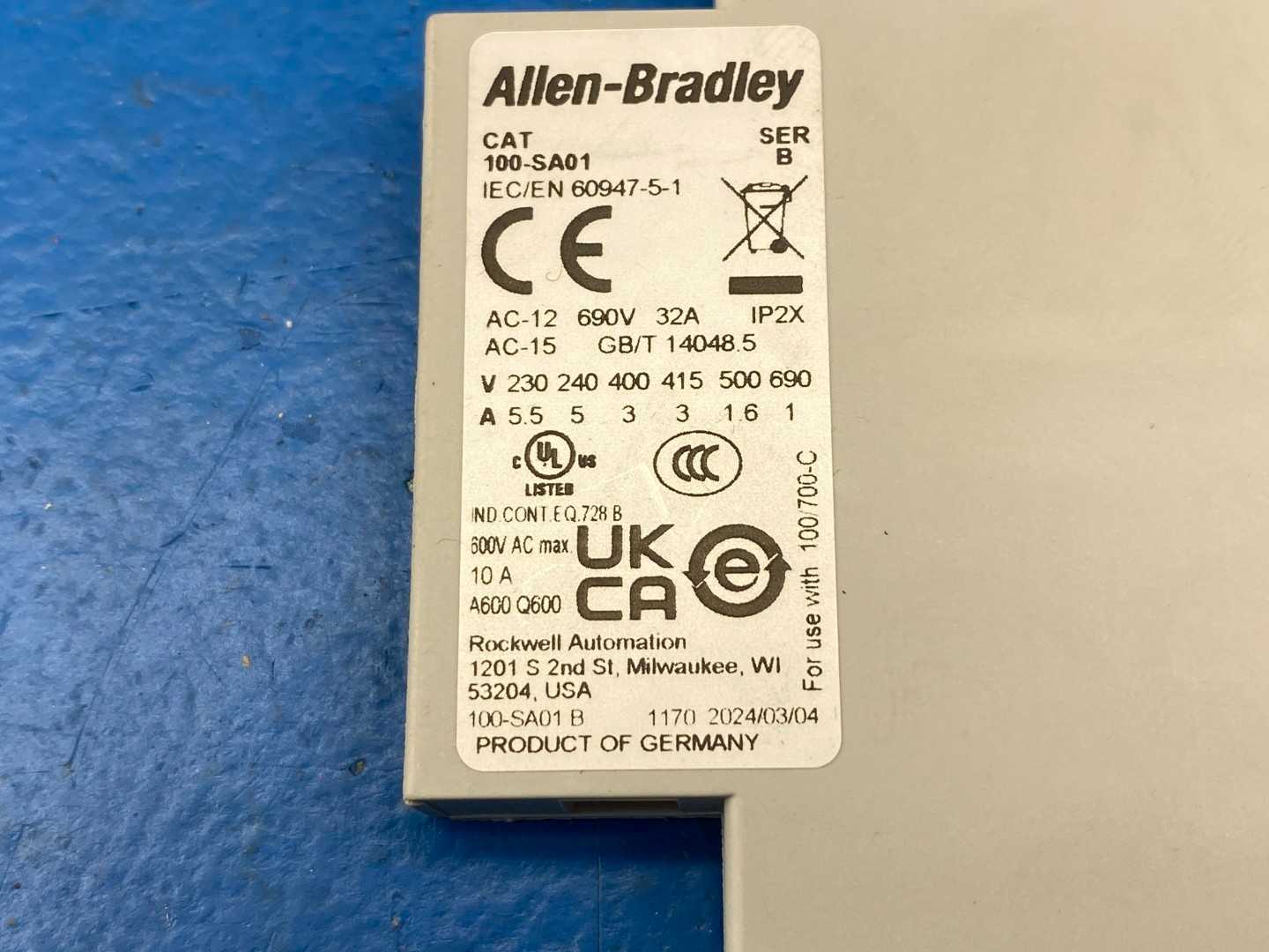 Allen-Bradley 100-SA01 Auxiliary Contact Block 1NC Side-Mount 10A 600V AC Max IEC/EN 60947-5-1 Series B 
