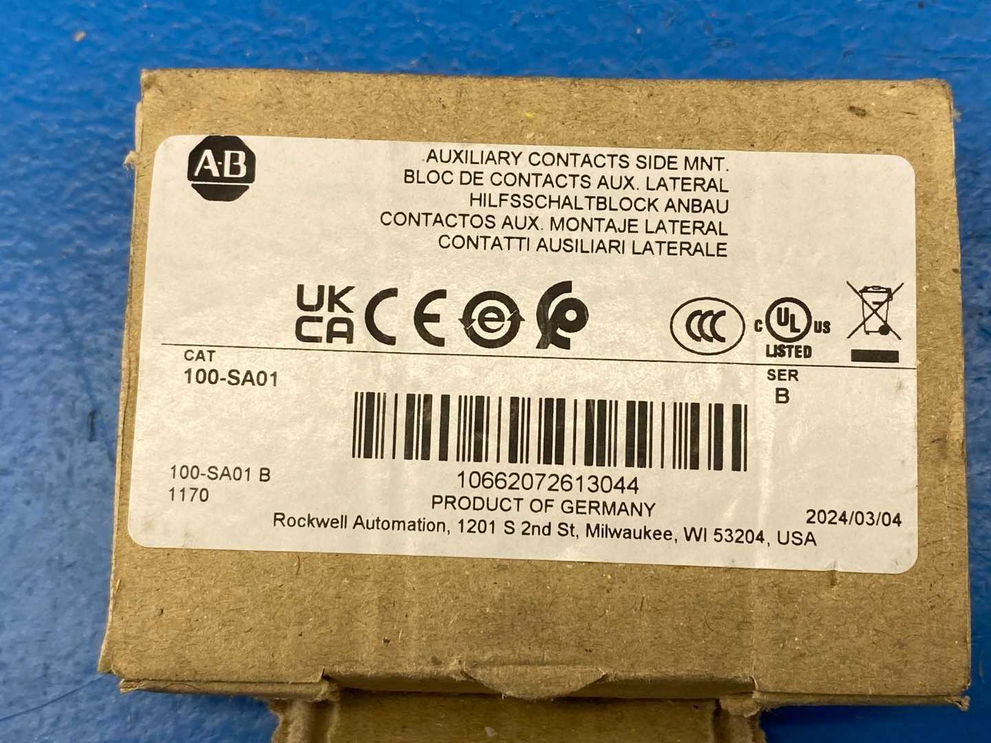 Allen-Bradley 100-SA01 Auxiliary Contact Block 1NC Side-Mount 10A 600V AC Max IEC/EN 60947-5-1 Series B 