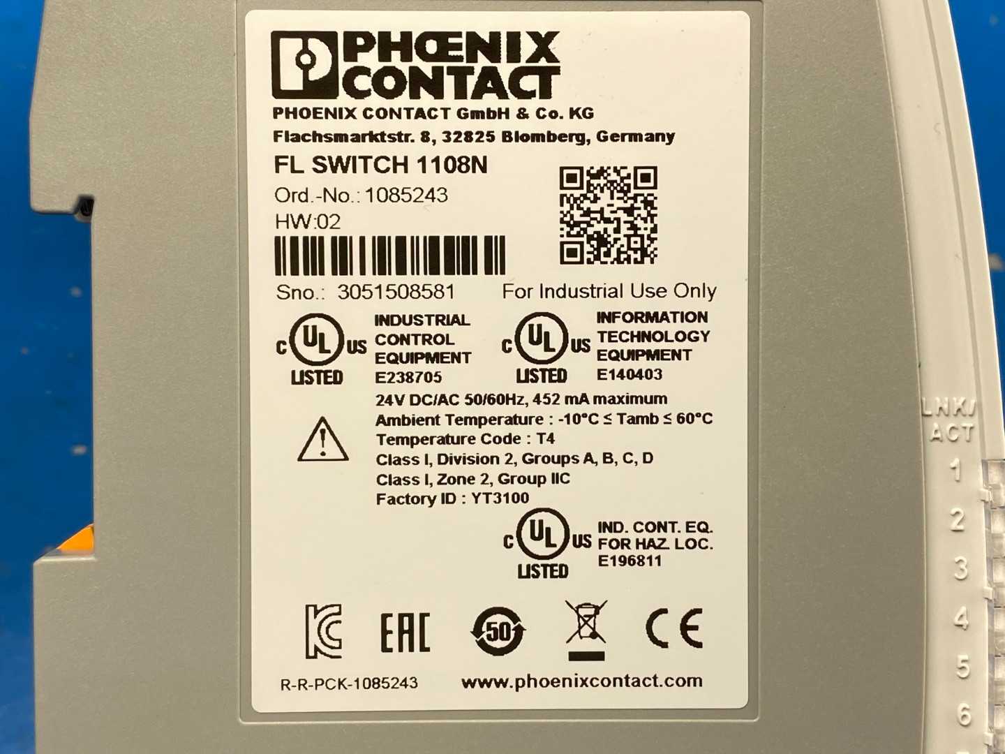 Phoenix Contact FL SWITCH 1108N Ethernet Switch 8-Port 1085243 24V DC/AC 50/60Hz 452 mA Max HW:02, V/C: 03