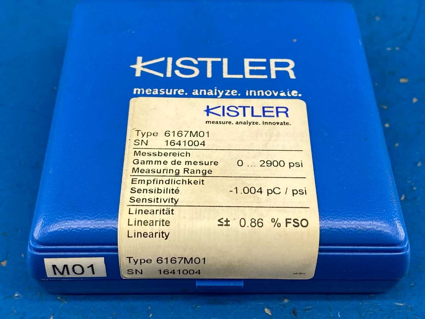 Kistler 6167M01 Pressure Sensor, 0-2900 PSI, -1.004 pC/PSI Sensitivity, ±0.86% FSO