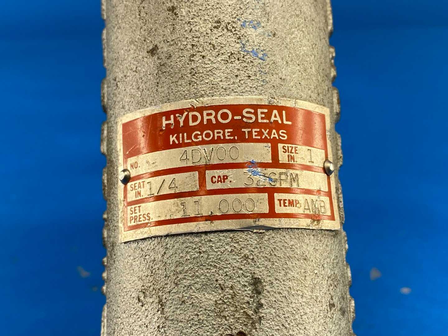 Hydro-Seal 4DV00 1" Safety Relief Valve, Seat 1/4" 32GPM CAP, 11.000 Set Pressure, Temp AMB