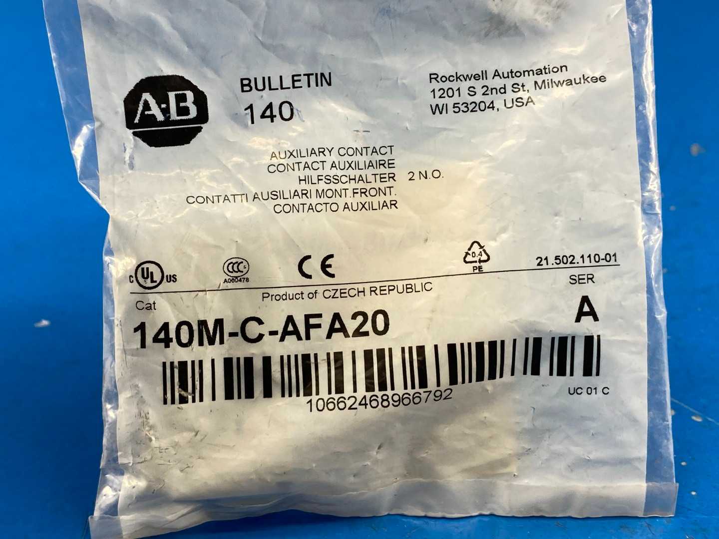 Allen-Bradley 140M-C-AFA20 2-NO Front-Mounted Auxiliary Contact Block 5A 250V Series A
